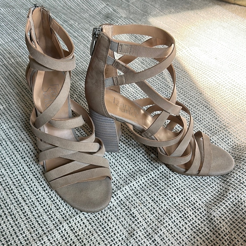 Franco Sarto Bone Nude Suede Strappy Madrid Block Heel Sandal